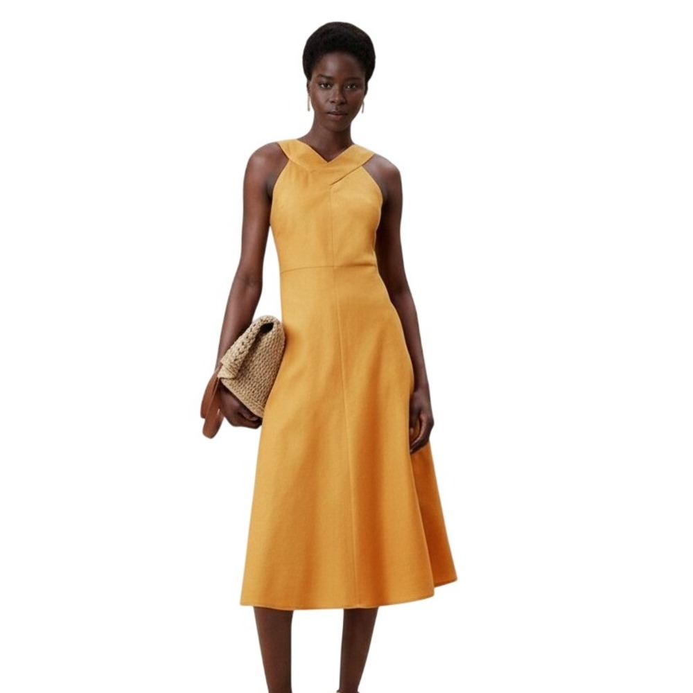 Banana Republic Cross Front Midi‎ Dress Womens 8P Yellow Linen Blend 888449-01-1